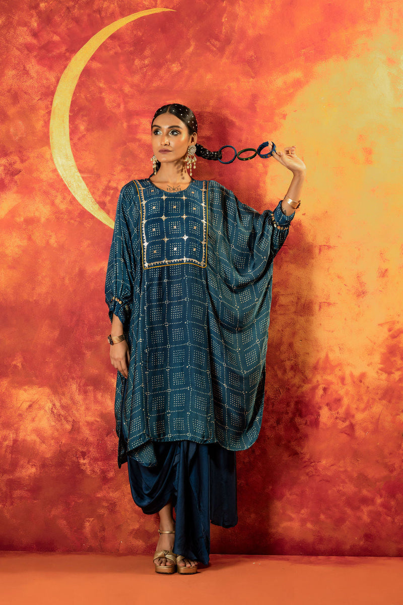 Sitara AntiFit Indigo Ajrakh Kurta Set satin by PRAHNAAYA in blue color for women Worldwide