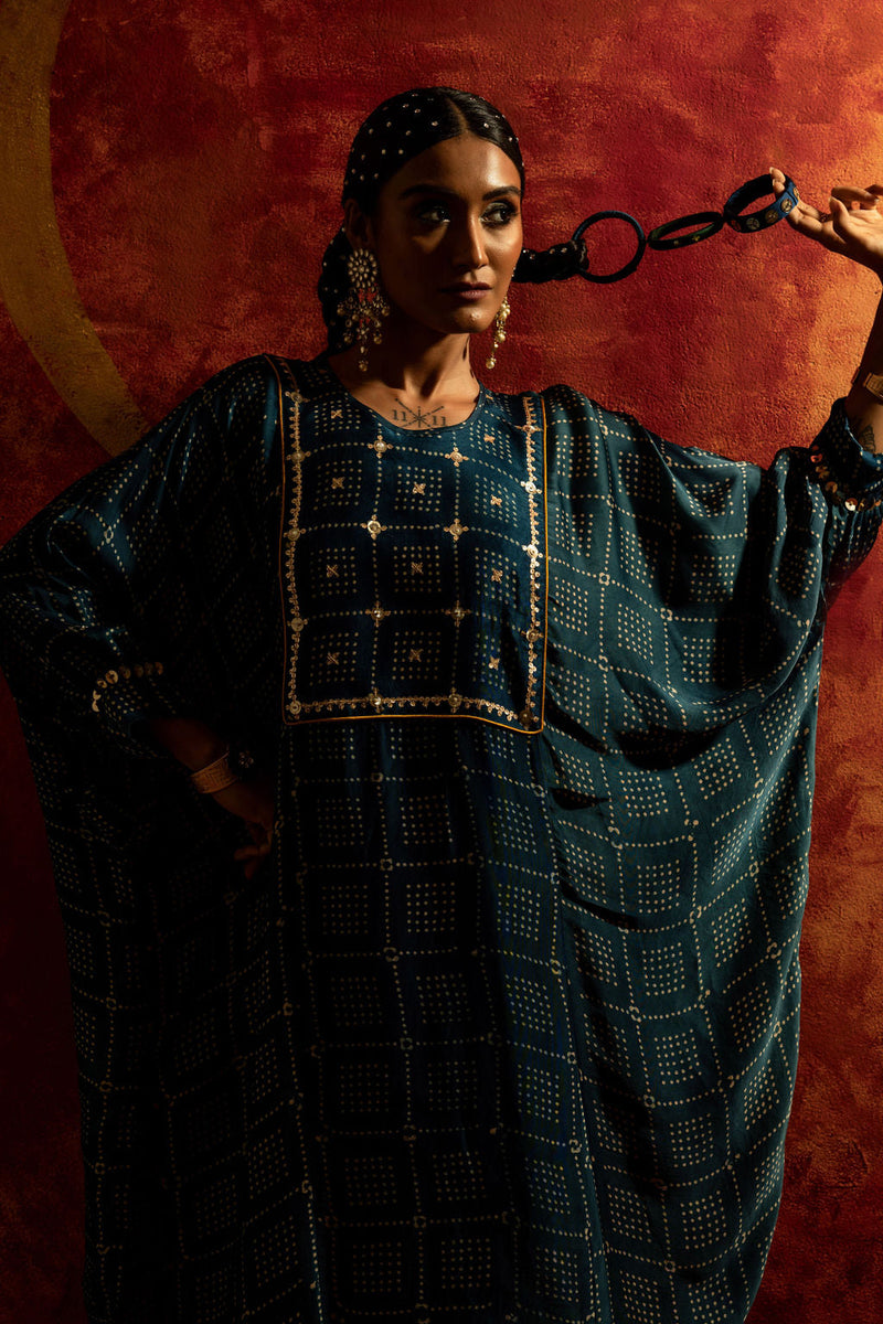 Sitara AntiFit Indigo Ajrakh Kurta Set satin by PRAHNAAYA in blue color for women Worldwide