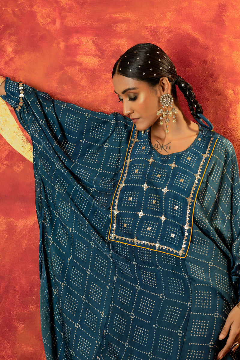Sitara AntiFit Indigo Ajrakh Kurta Set satin by PRAHNAAYA in blue color for women Worldwide