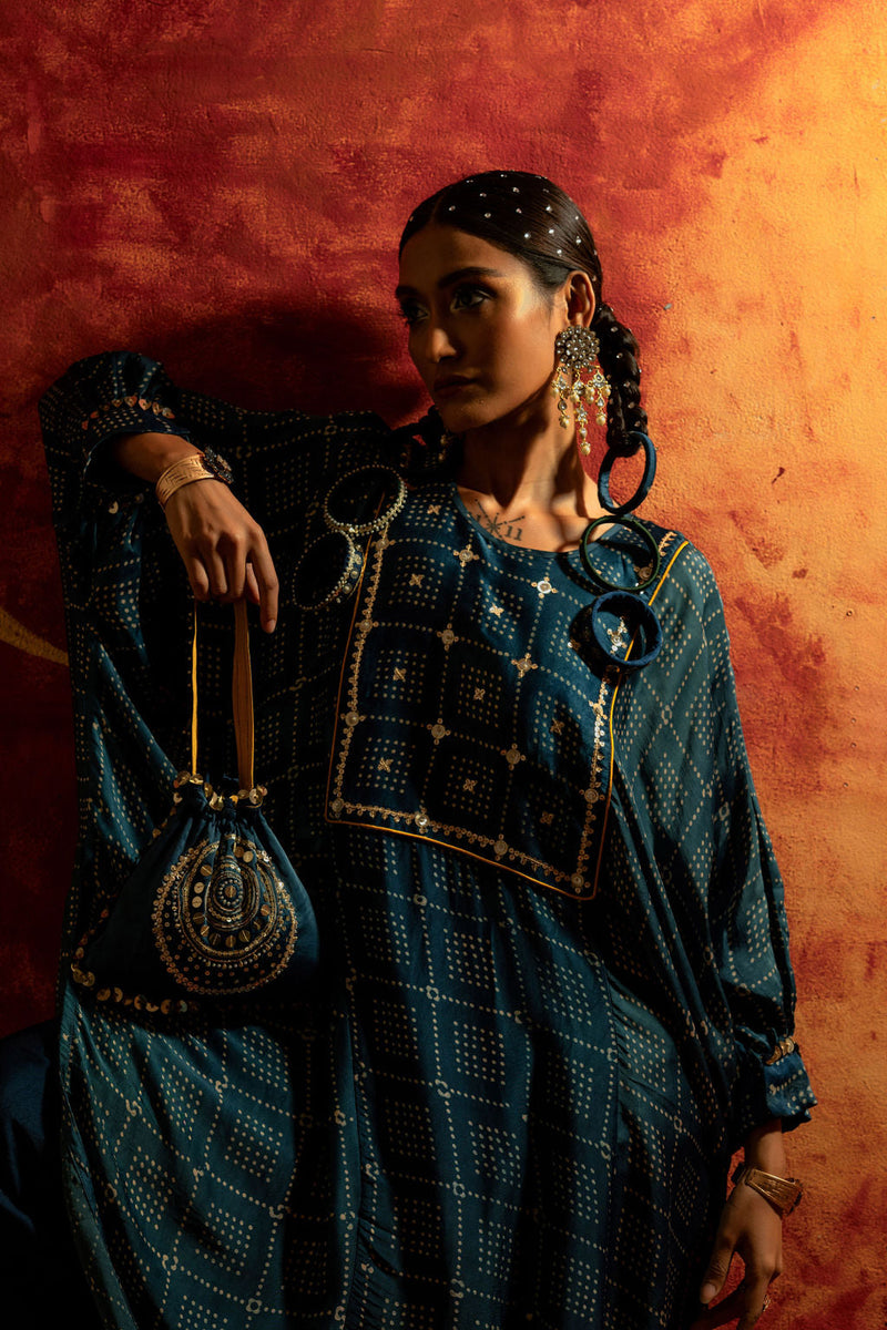 Sitara AntiFit Indigo Ajrakh Kurta Set satin by PRAHNAAYA in blue color for women Worldwide