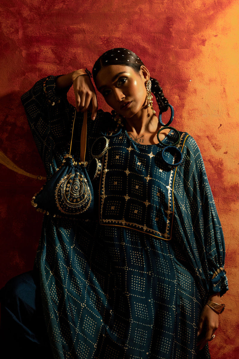 Sitara AntiFit Indigo Ajrakh Kurta Set satin by PRAHNAAYA in blue color for women Worldwide