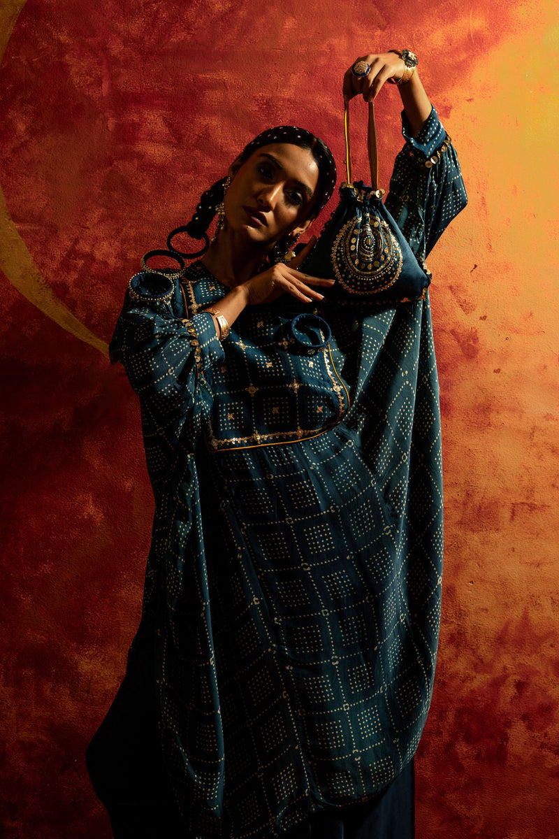 Sitara AntiFit Indigo Ajrakh Kurta Set satin by PRAHNAAYA in blue color for women Worldwide
