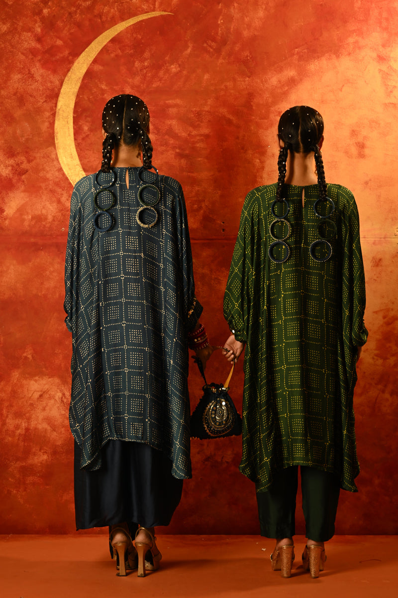 Sitara AntiFit Indigo Ajrakh Kurta Set satin by PRAHNAAYA in blue color for women Worldwide