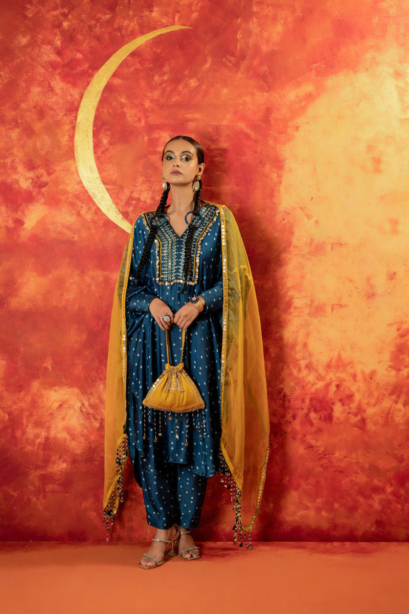 Hira AntiFit Ajrakh Indigo Kurta Set with Dupatta satin by PRAHNAAYA in blue color for women Worldwide