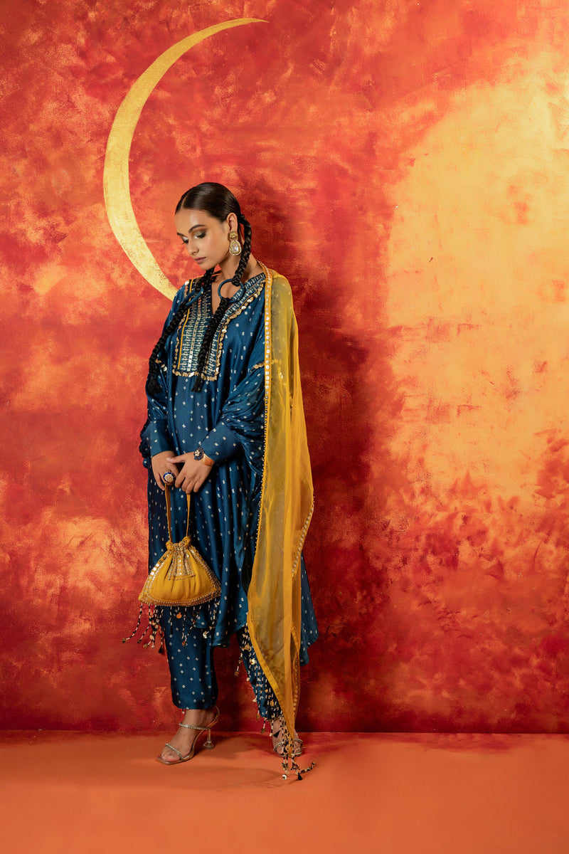 Hira AntiFit Ajrakh Indigo Kurta Set with Dupatta satin by PRAHNAAYA in blue color for women Worldwide