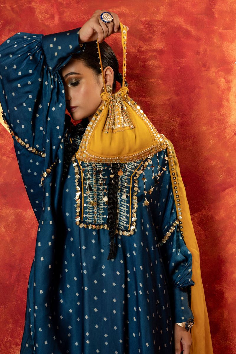 Hira AntiFit Ajrakh Indigo Kurta Set with Dupatta satin by PRAHNAAYA in blue color for women Worldwide
