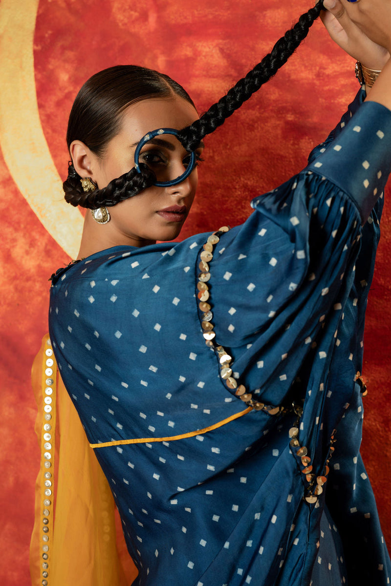 Hira AntiFit Ajrakh Indigo Kurta Set with Dupatta satin by PRAHNAAYA in blue color for women Worldwide