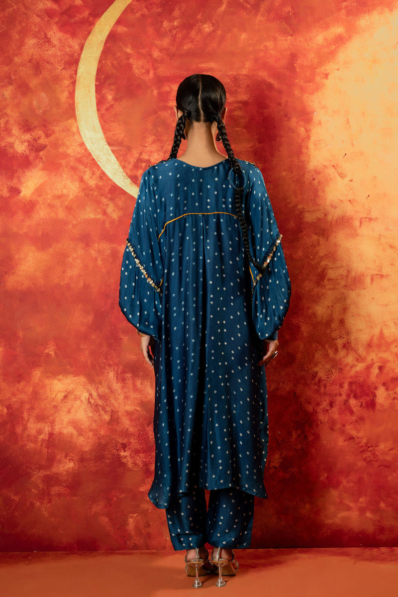 Hira AntiFit Ajrakh Indigo Kurta Set with Dupatta satin by PRAHNAAYA in blue color for women Worldwide