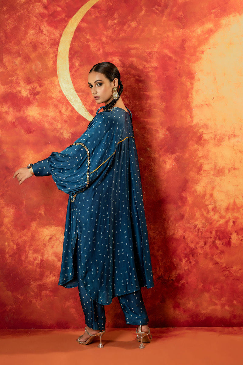 Hira AntiFit Ajrakh Indigo Kurta Set with Dupatta satin by PRAHNAAYA in blue color for women Worldwide