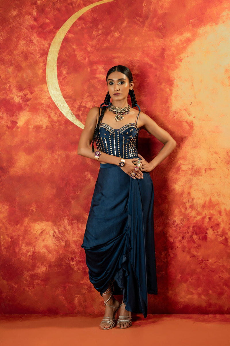 Luna Corset Blouse with Skirt satin by PRAHNAAYA in blue color for women Worldwide