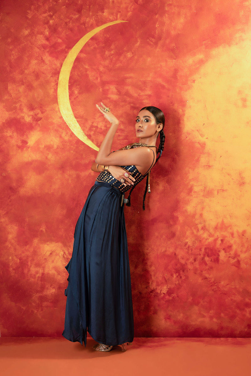 Luna Corset Blouse with Skirt satin by PRAHNAAYA in blue color for women Worldwide