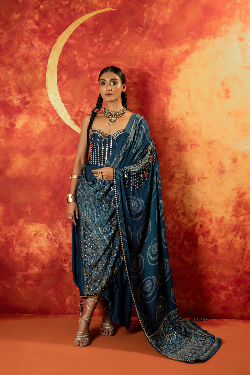 Luna Corset Blouse Skirt & Ajrakh Drape satin by PRAHNAAYA in blue color for women Worldwide