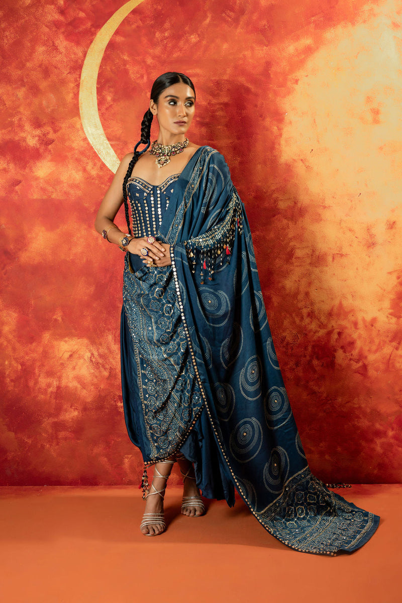 Luna Corset Blouse Skirt & Ajrakh Drape satin by PRAHNAAYA in blue color for women Worldwide