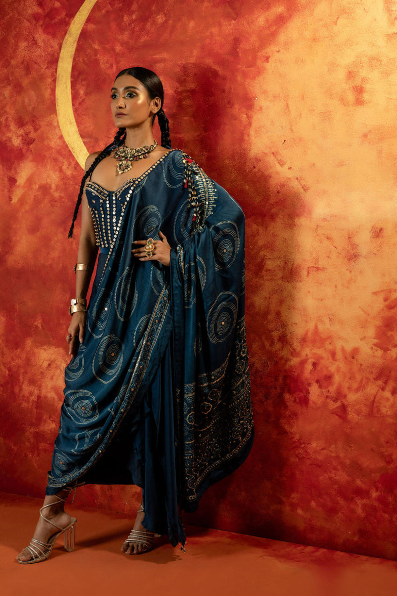 Luna Corset Blouse Skirt & Ajrakh Drape satin by PRAHNAAYA in blue color for women Worldwide