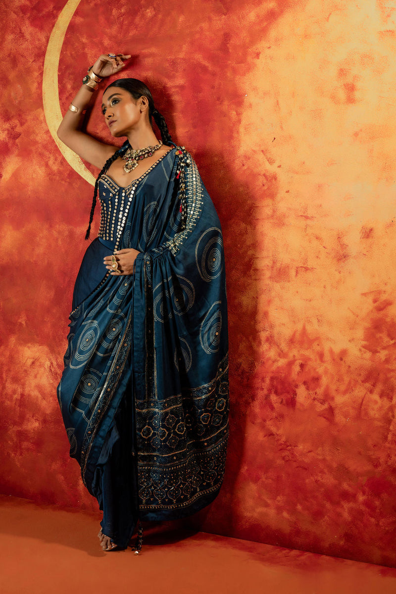 Luna Corset Blouse Skirt & Ajrakh Drape satin by PRAHNAAYA in blue color for women Worldwide