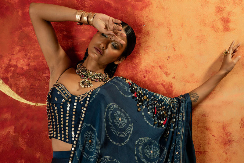 Luna Corset Blouse Skirt & Ajrakh Drape satin by PRAHNAAYA in blue color for women Worldwide