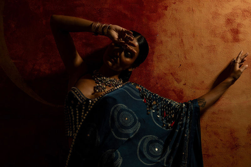 Luna Corset Blouse Skirt & Ajrakh Drape satin by PRAHNAAYA in blue color for women Worldwide
