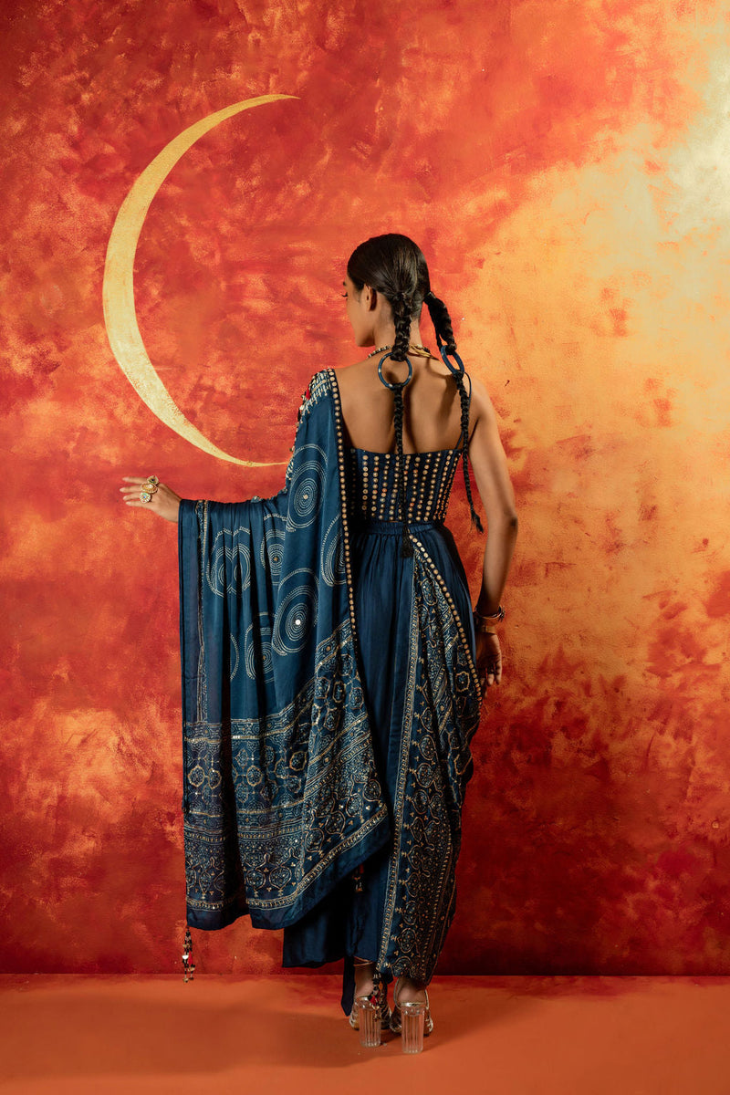 Luna Corset Blouse Skirt & Ajrakh Drape satin by PRAHNAAYA in blue color for women Worldwide