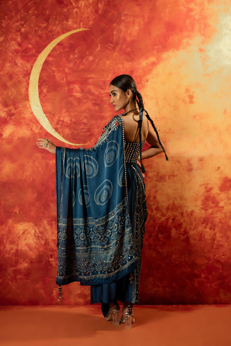Luna Corset Blouse Skirt & Ajrakh Drape satin by PRAHNAAYA in blue color for women Worldwide