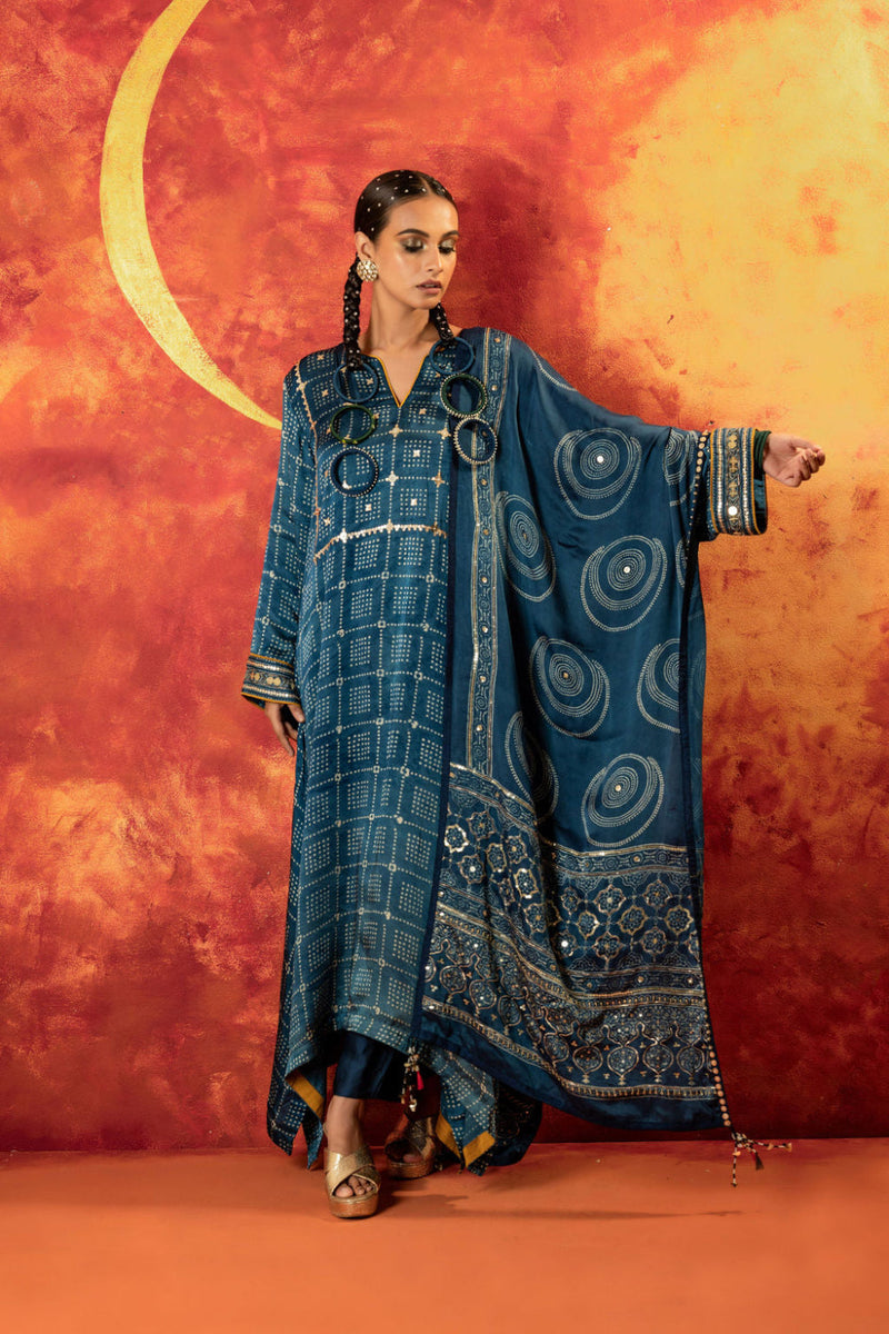 Heena Ajrakh Kurta Set with Dupatta satin by PRAHNAAYA in blue color for women Worldwide