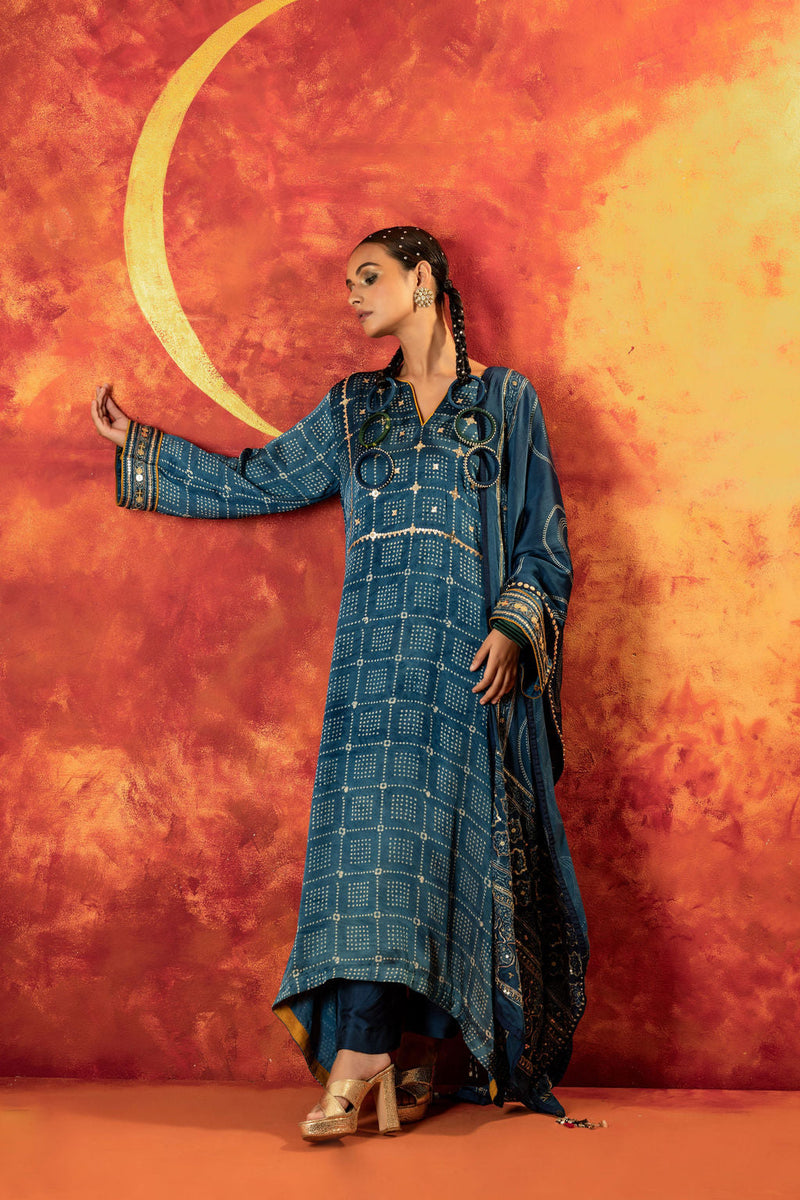 Heena Ajrakh Kurta Set with Dupatta satin by PRAHNAAYA in blue color for women Worldwide