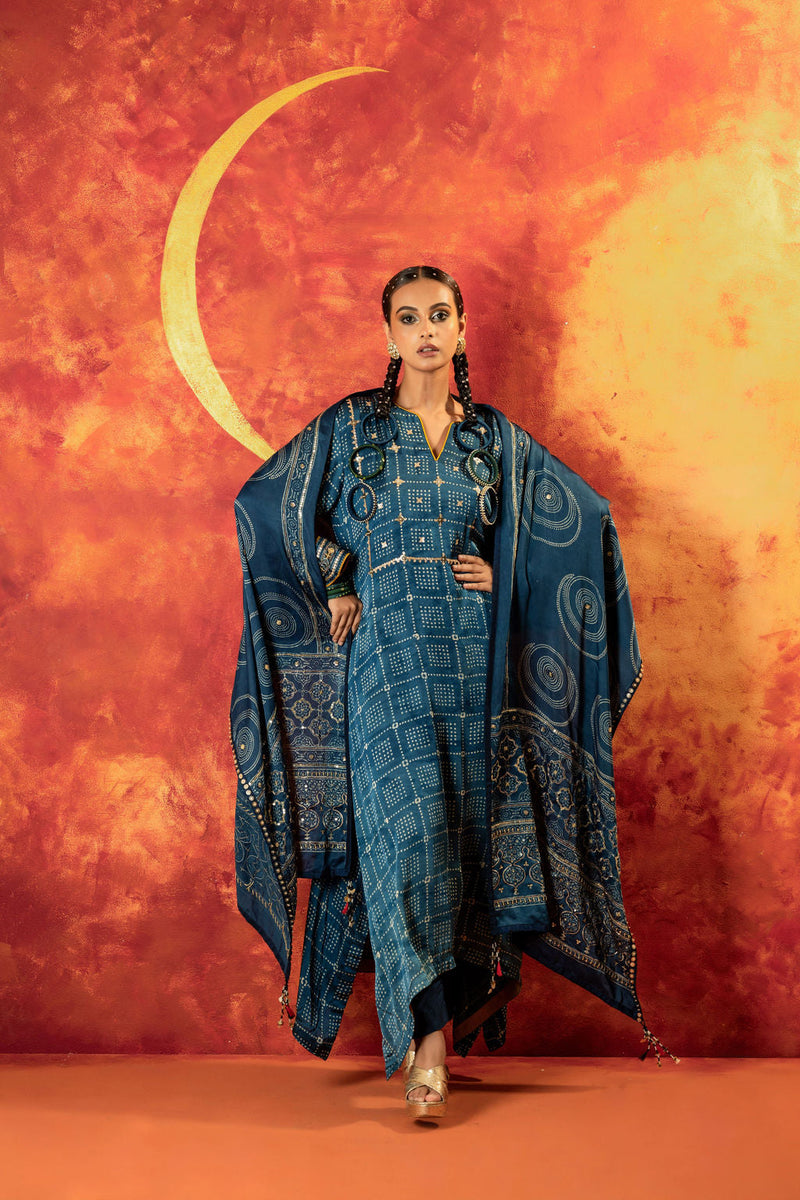 Heena Ajrakh Kurta Set with Dupatta satin by PRAHNAAYA in blue color for women Worldwide