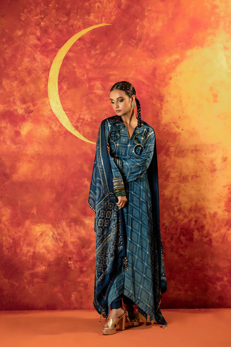 Heena Ajrakh Kurta Set with Dupatta satin by PRAHNAAYA in blue color for women Worldwide