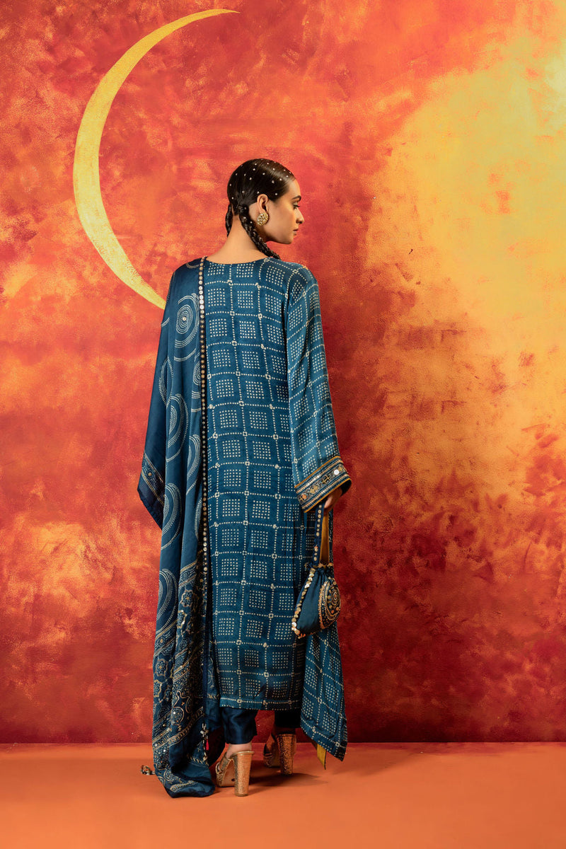 Heena Ajrakh Kurta Set with Dupatta satin by PRAHNAAYA in blue color for women Worldwide