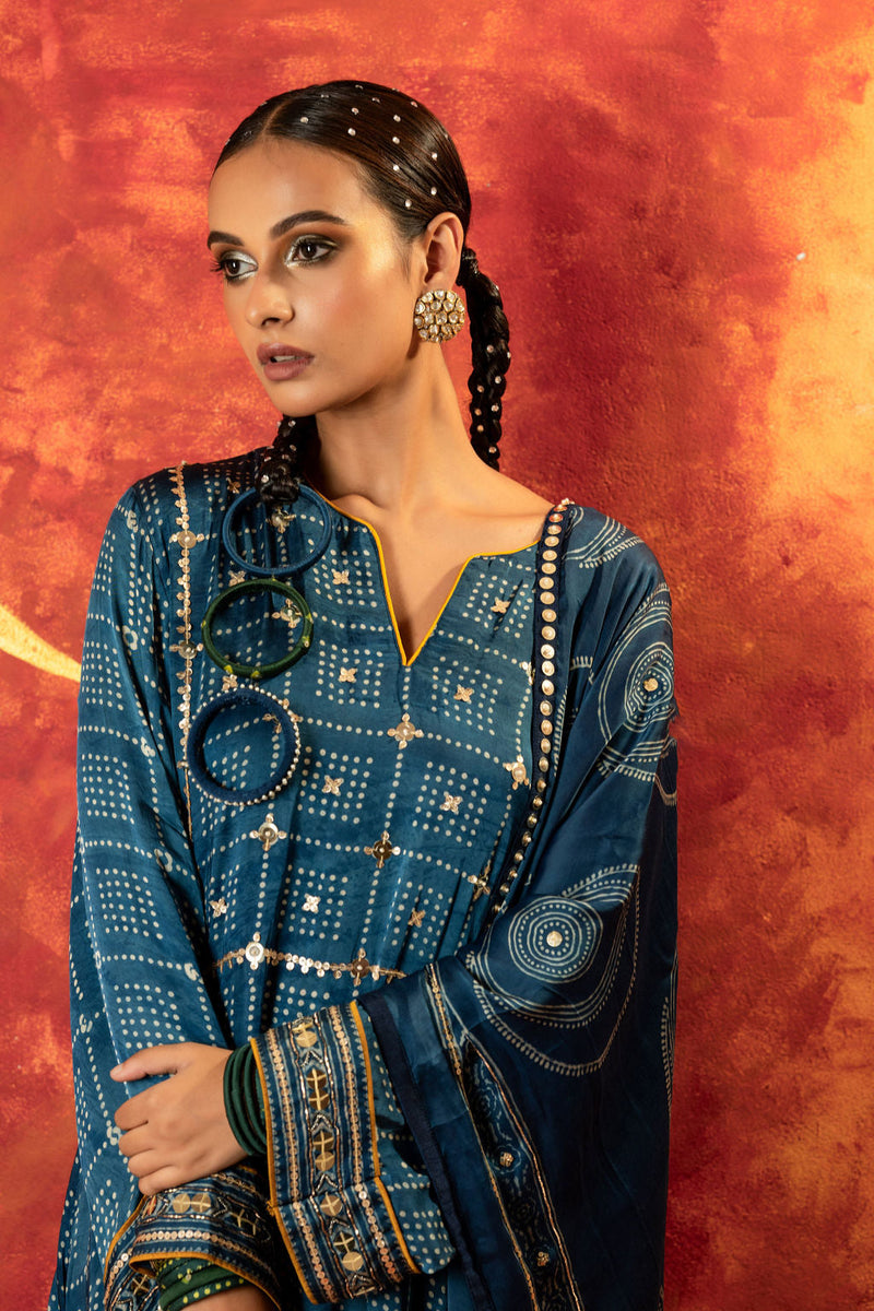 Heena Ajrakh Kurta Set with Dupatta satin by PRAHNAAYA in blue color for women Worldwide