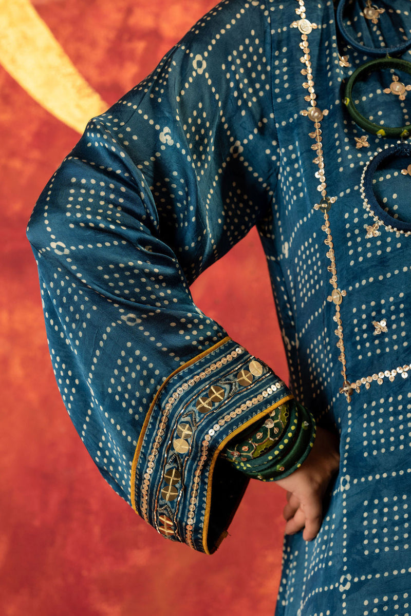 Heena Ajrakh Kurta Set with Dupatta satin by PRAHNAAYA in blue color for women Worldwide