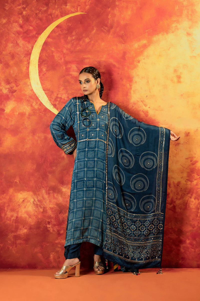 Heena Ajrakh Kurta Set with Dupatta satin by PRAHNAAYA in blue color for women Worldwide
