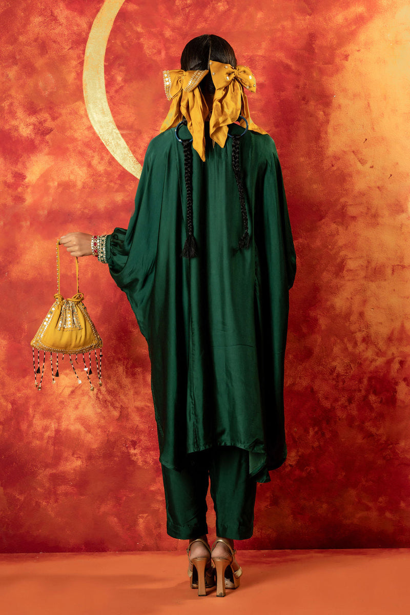 Masbah AntiFit Kurta with Pant satin by PRAHNAAYA in green color for women Worldwide