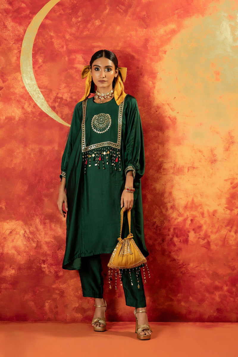 Masbah AntiFit Kurta with Pant satin by PRAHNAAYA in green color for women Worldwide