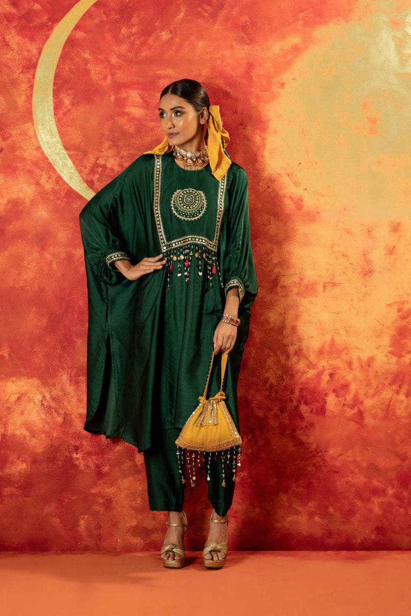 Masbah AntiFit Kurta with Pant satin by PRAHNAAYA in green color for women Worldwide