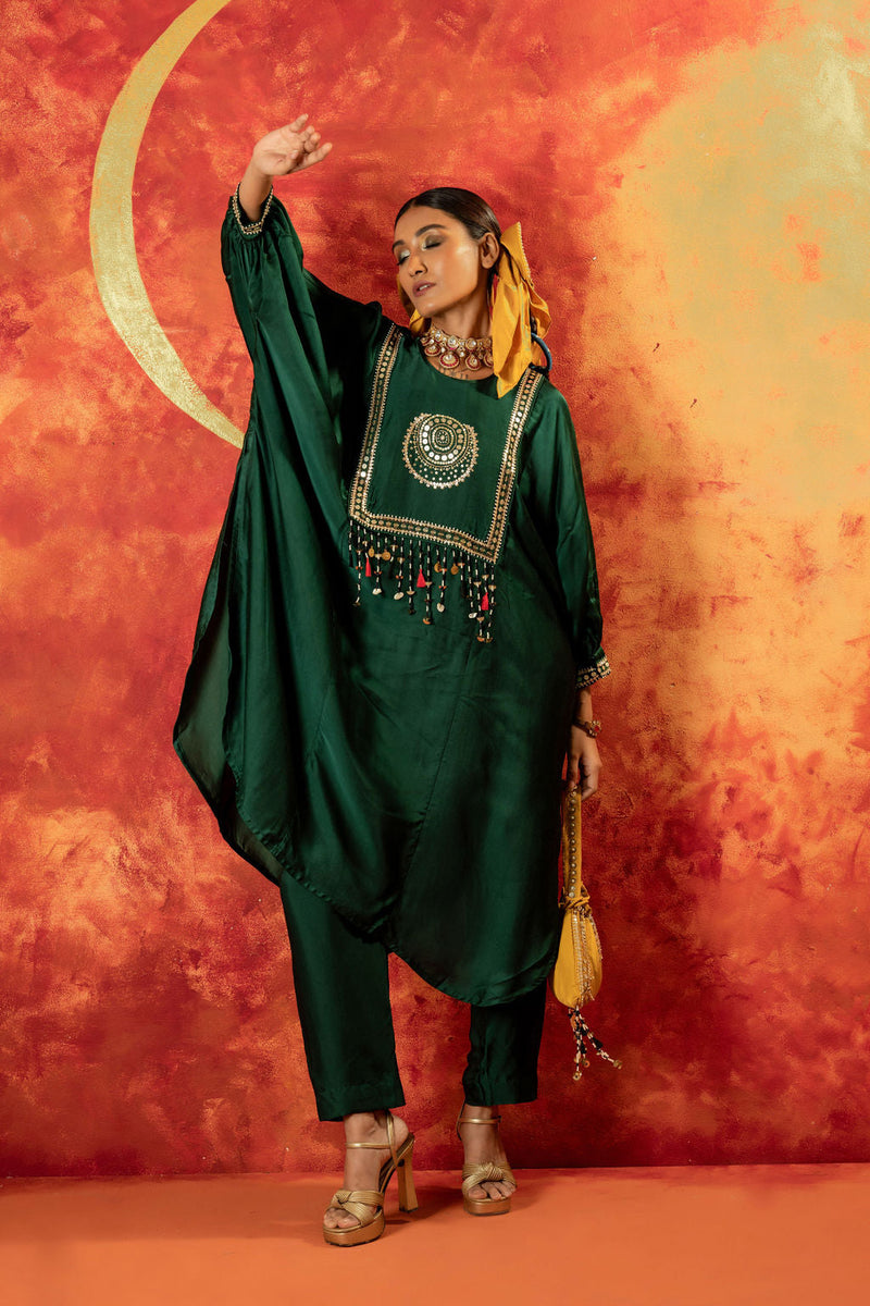 Masbah AntiFit Kurta with Pant satin by PRAHNAAYA in green color for women Worldwide