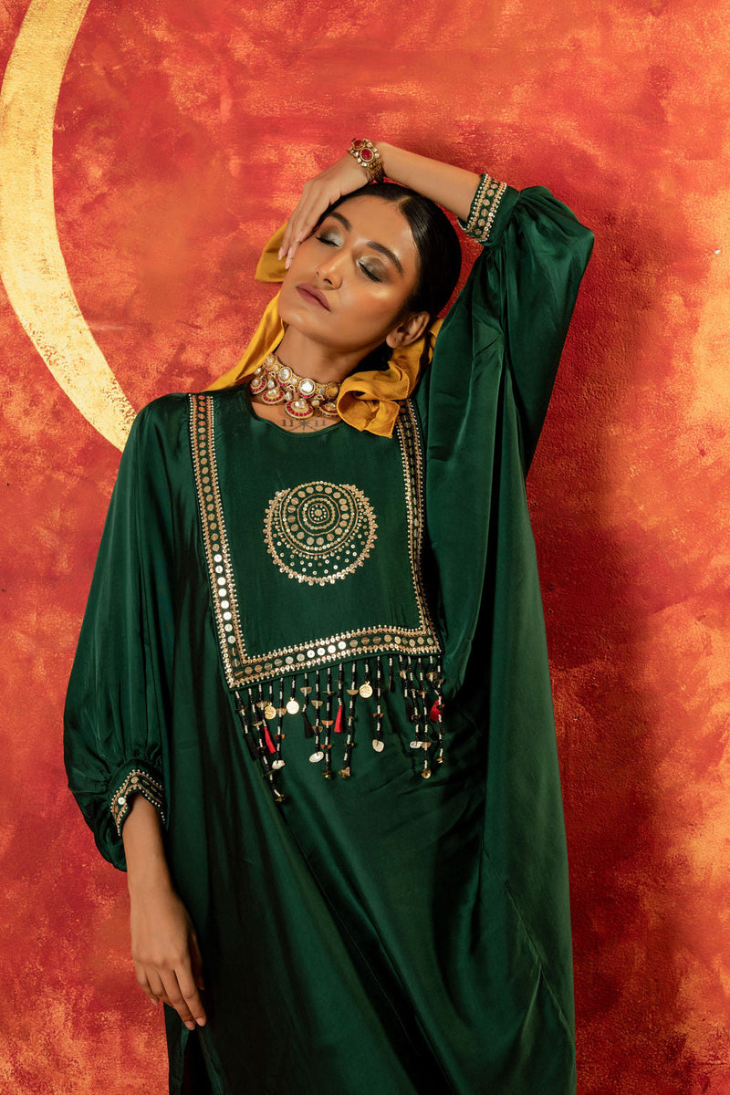 Masbah AntiFit Kurta with Pant satin by PRAHNAAYA in green color for women Worldwide