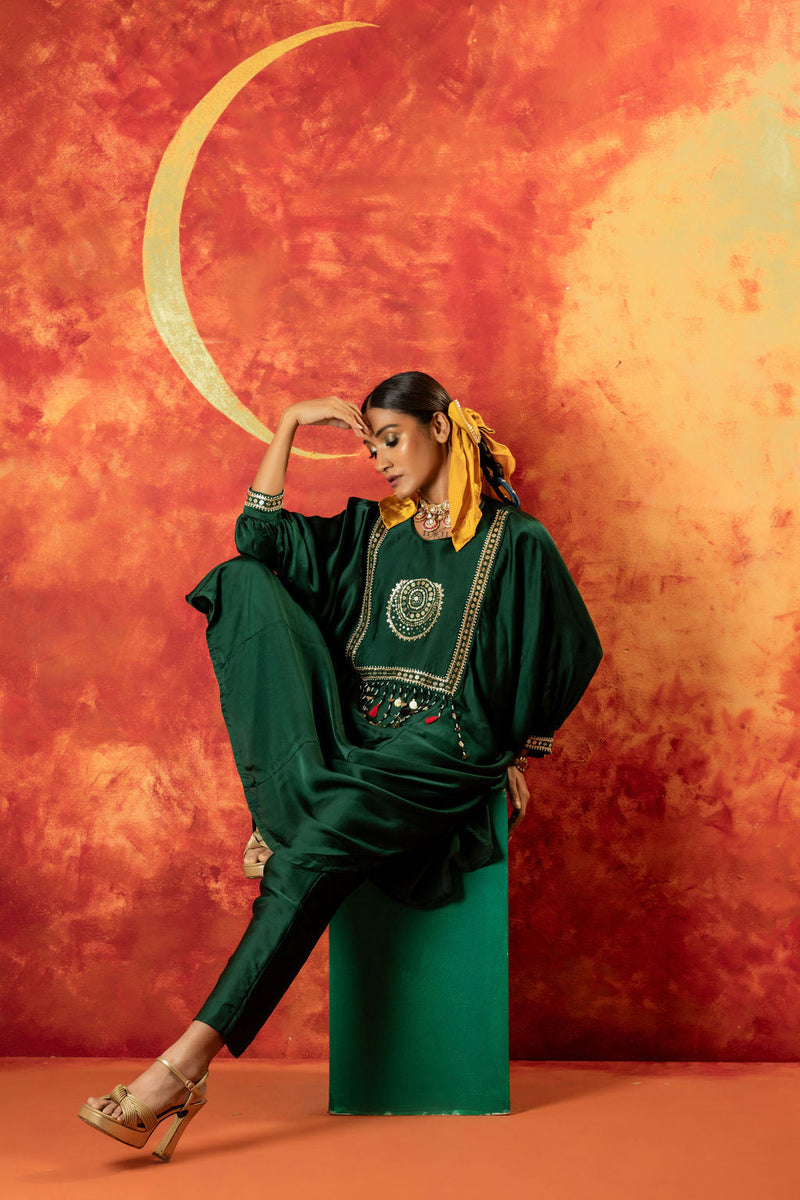 Masbah AntiFit Kurta with Pant satin by PRAHNAAYA in green color for women Worldwide