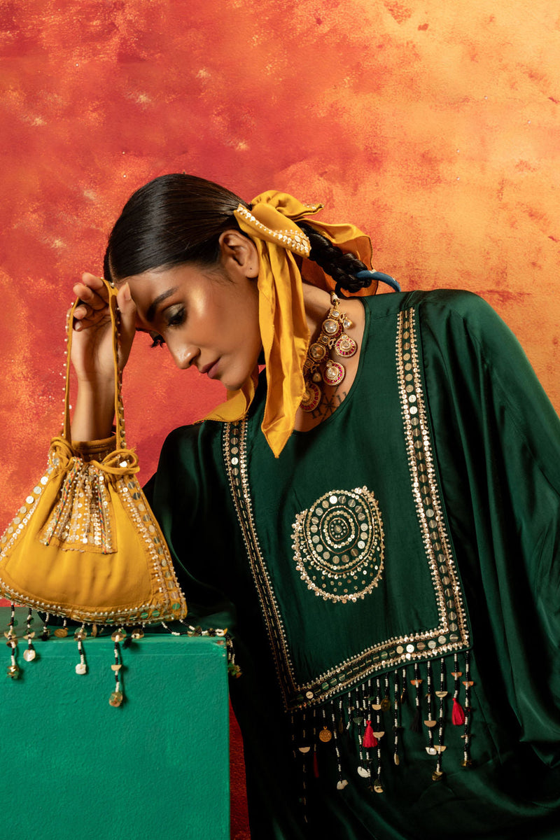 Masbah AntiFit Kurta with Pant satin by PRAHNAAYA in green color for women Worldwide