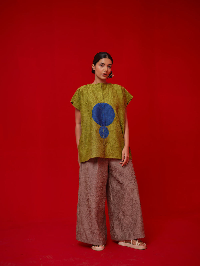 Lane Top-Leaf green + Blue crushed silk top/shirt by Stoique in green, blue for women Worldwide
