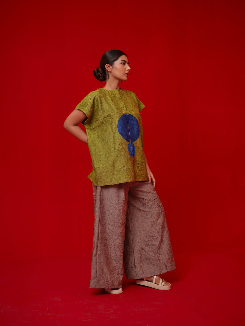 Lane Top-Leaf green + Blue crushed silk top/shirt by Stoique in green, blue for women Worldwide