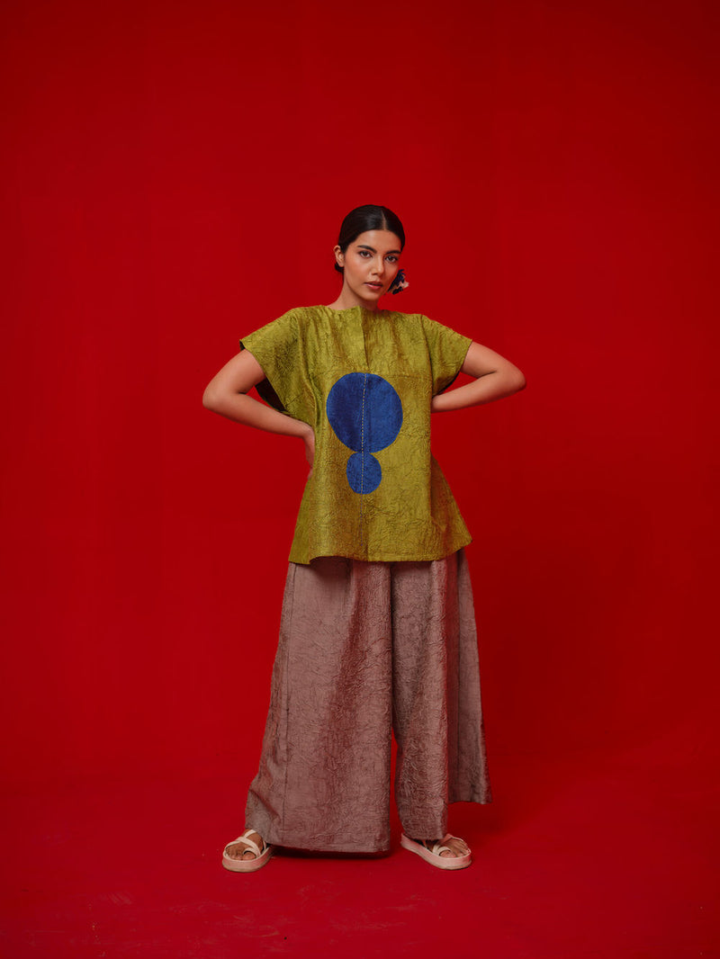 Lane Top-Leaf green + Blue crushed silk top/shirt by Stoique in green, blue for women Worldwide