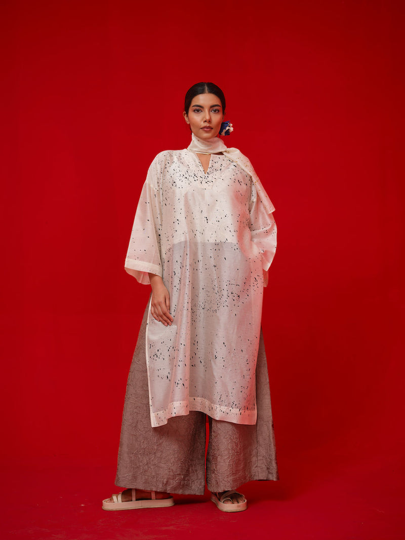 Wander Tunic-Ivory + Black + Mustard silk chanderi tunics/kaftan by Stoique in ivory, black, mustard for women Worldwide