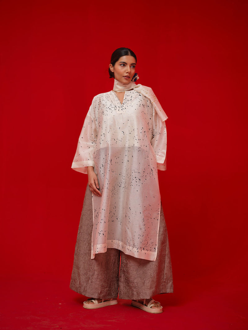 Wander Tunic-Ivory + Black + Mustard silk chanderi tunics/kaftan by Stoique in ivory, black, mustard for women Worldwide