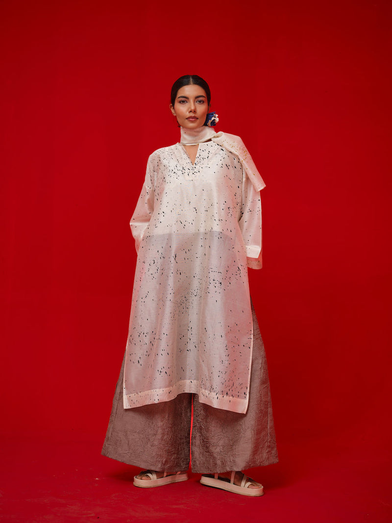 Wander Tunic-Ivory + Black + Mustard silk chanderi tunics/kaftan by Stoique in ivory, black, mustard for women Worldwide