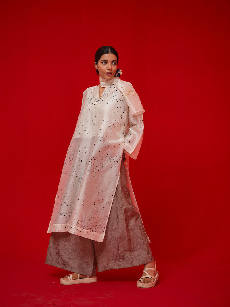 Wander Tunic-Ivory + Black + Mustard silk chanderi tunics/kaftan by Stoique in ivory, black, mustard for women Worldwide