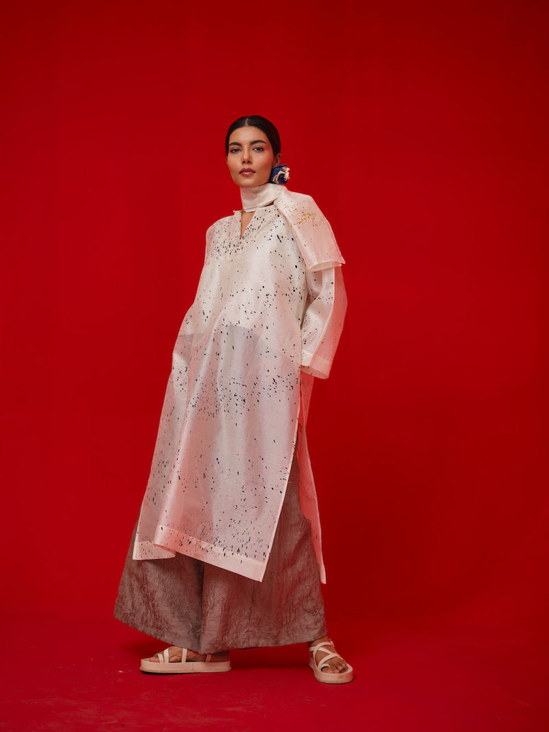 Wander Tunic-Ivory + Black + Mustard silk chanderi tunics/kaftan by Stoique in ivory, black, mustard for women Worldwide