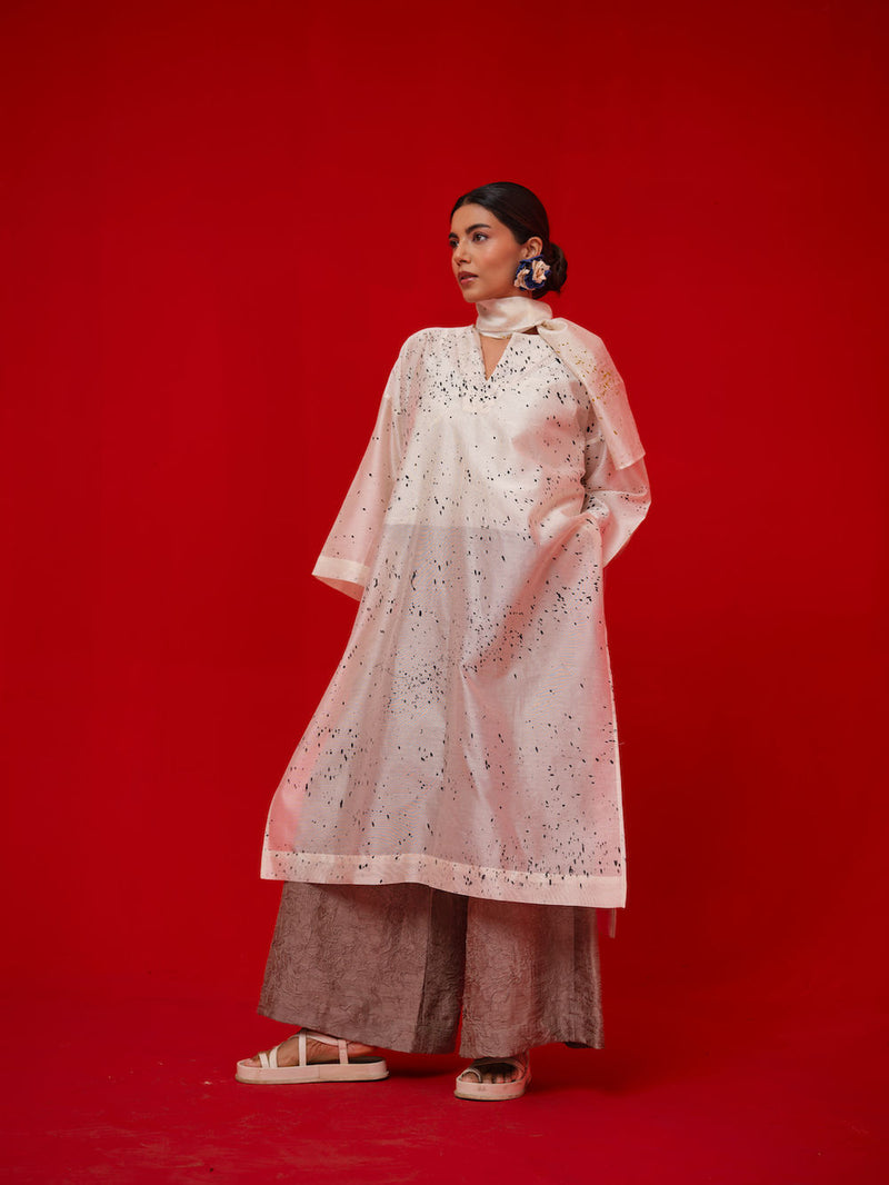 Wander Tunic-Ivory + Black + Mustard silk chanderi tunics/kaftan by Stoique in ivory, black, mustard for women Worldwide