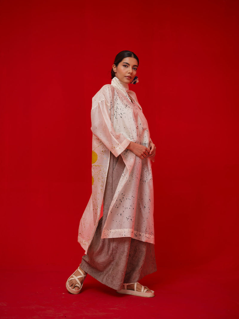 Wander Tunic-Ivory + Black + Mustard silk chanderi tunics/kaftan by Stoique in ivory, black, mustard for women Worldwide