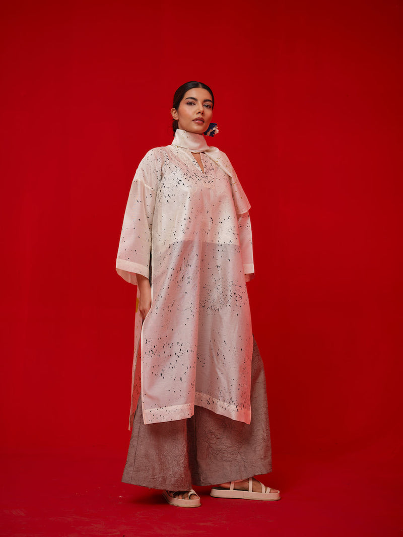 Wander Tunic-Ivory + Black + Mustard silk chanderi tunics/kaftan by Stoique in ivory, black, mustard for women Worldwide