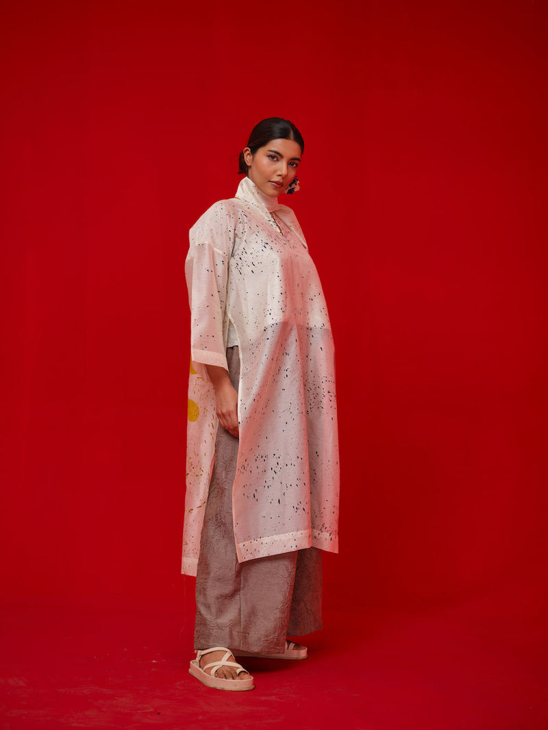 Wander Tunic-Ivory + Black + Mustard silk chanderi tunics/kaftan by Stoique in ivory, black, mustard for women Worldwide
